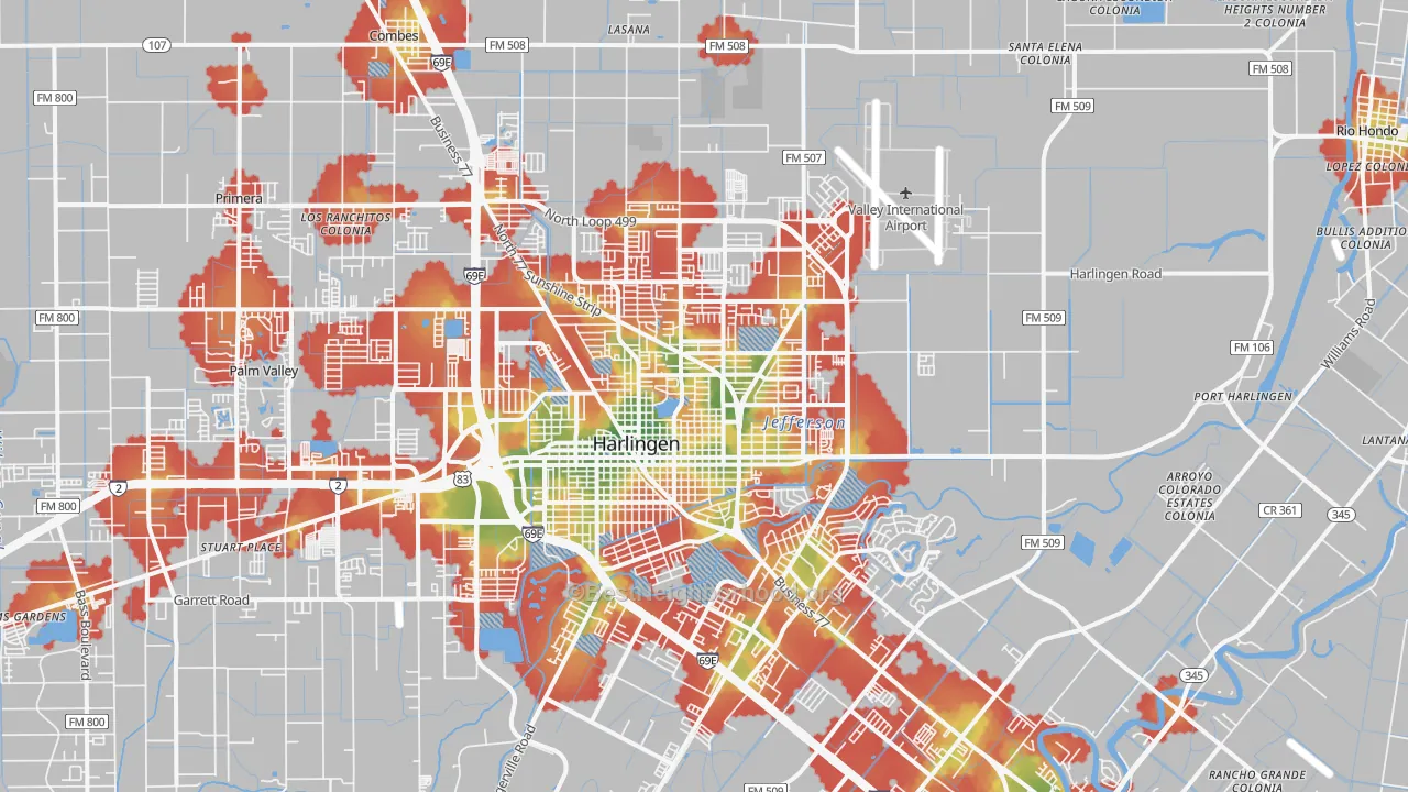 Walk Grade map of 78550, TX, walkable areas in green and car-dependent areas in red