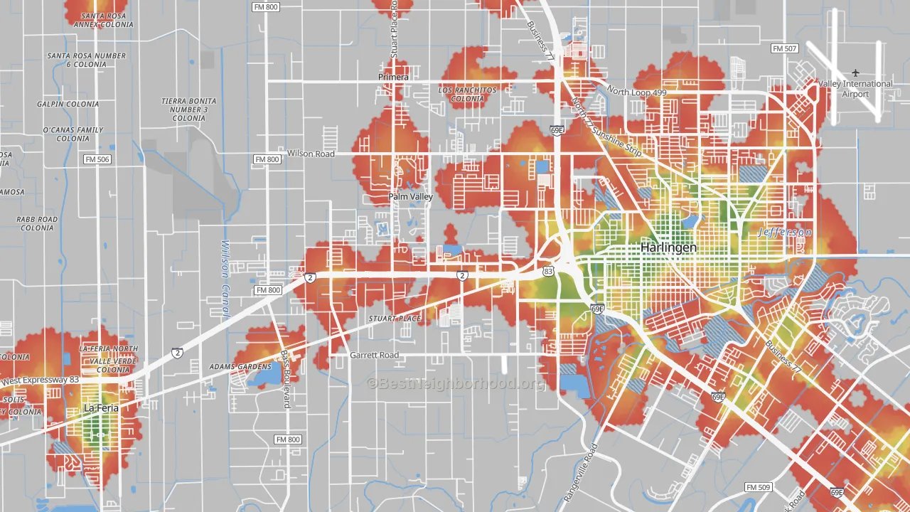 Walk Grade map of 78552, TX, walkable areas in green and car-dependent areas in red