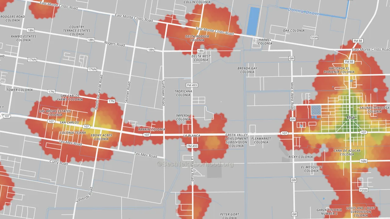 Walk Grade map of 78558, TX, walkable areas in green and car-dependent areas in red
