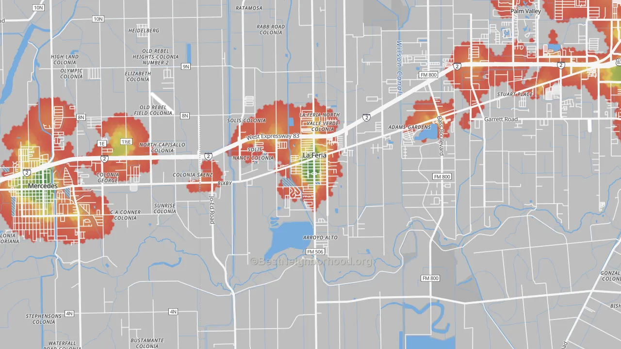 Walk Grade map of 78559, TX, walkable areas in green and car-dependent areas in red