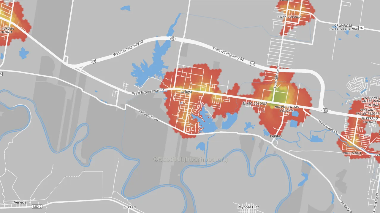 Walk Grade map of 78560, TX, walkable areas in green and car-dependent areas in red