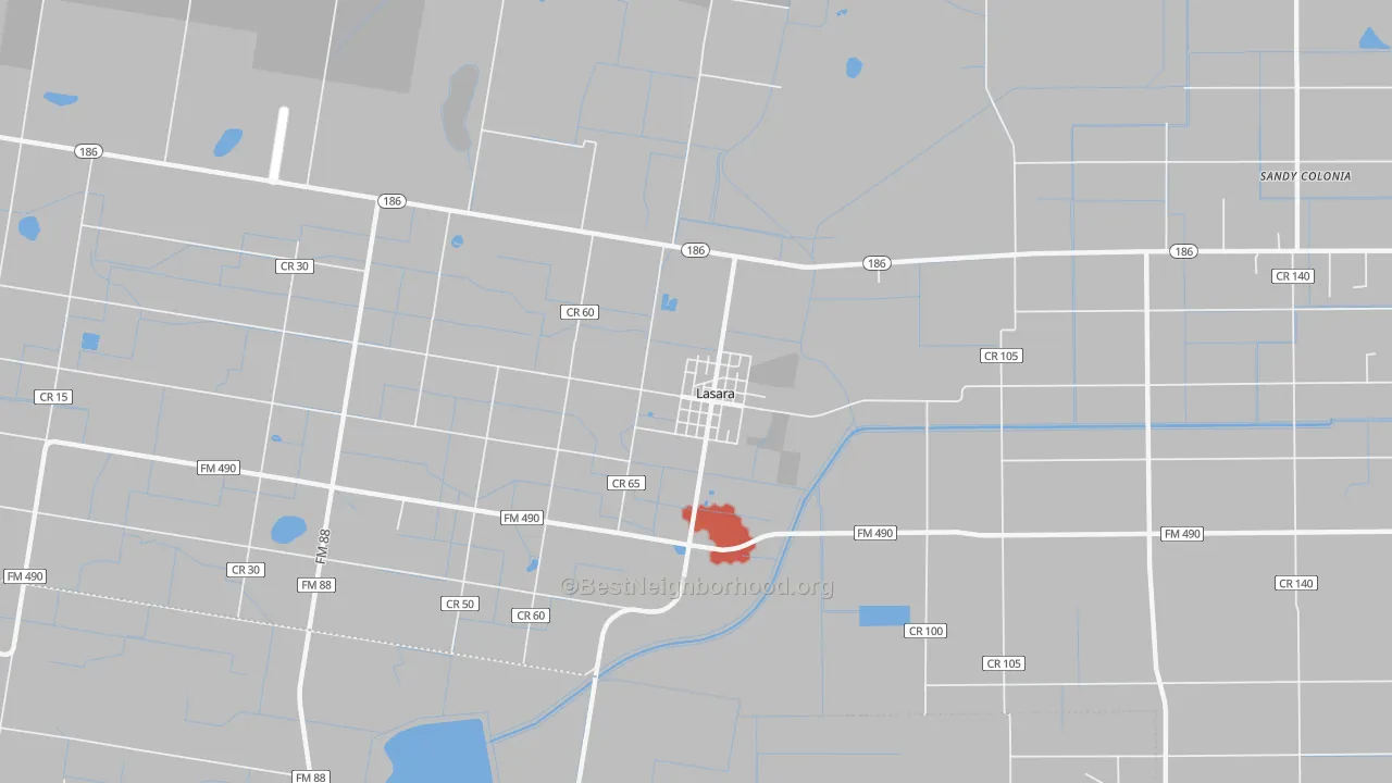 Walk Grade map of 78561, TX, walkable areas in green and car-dependent areas in red