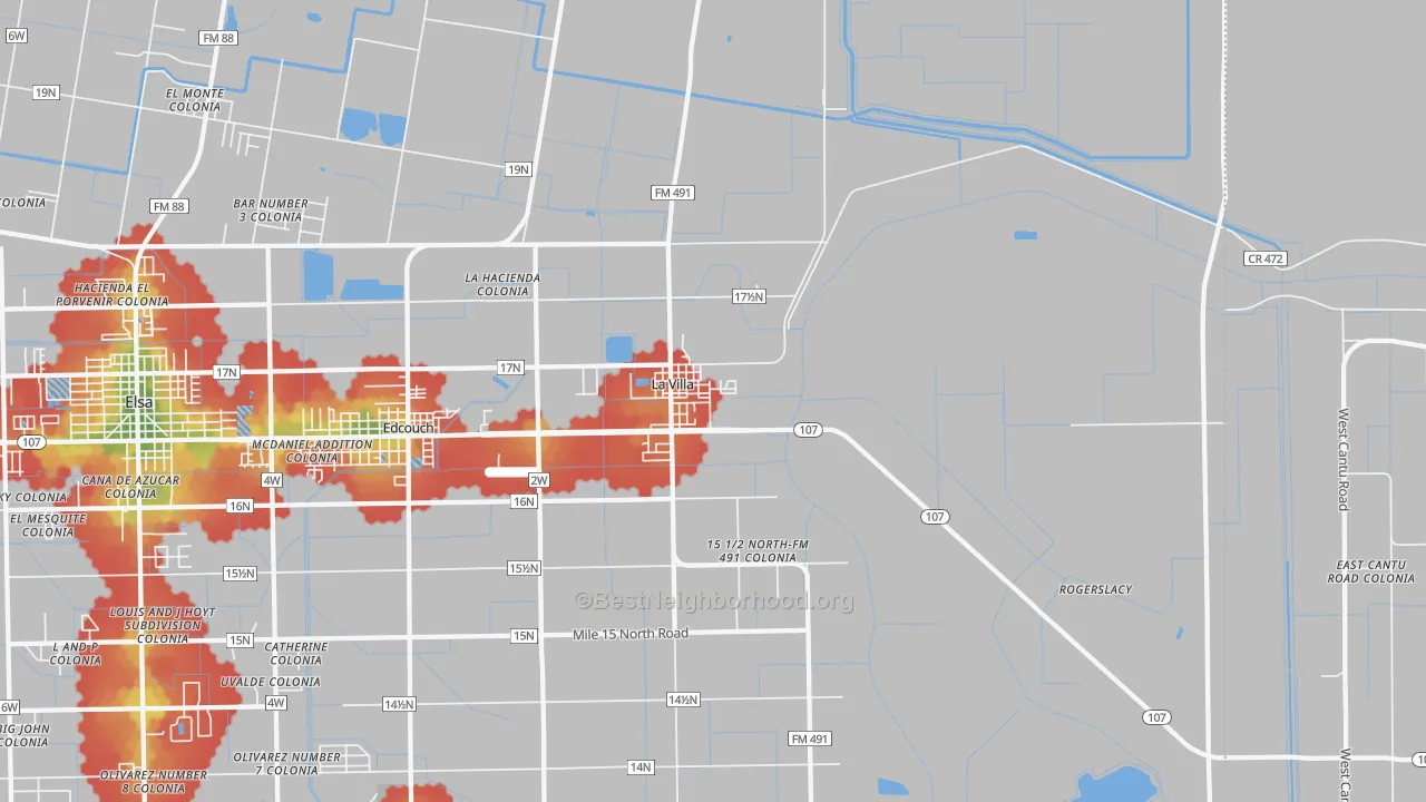 Walk Grade map of 78562, TX, walkable areas in green and car-dependent areas in red