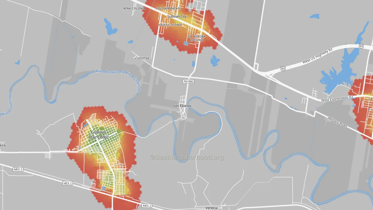 Walk Grade map of 78565, TX, walkable areas in green and car-dependent areas in red