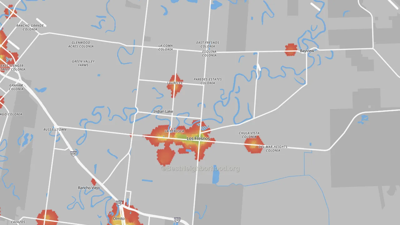 Walk Grade map of 78566, TX, walkable areas in green and car-dependent areas in red