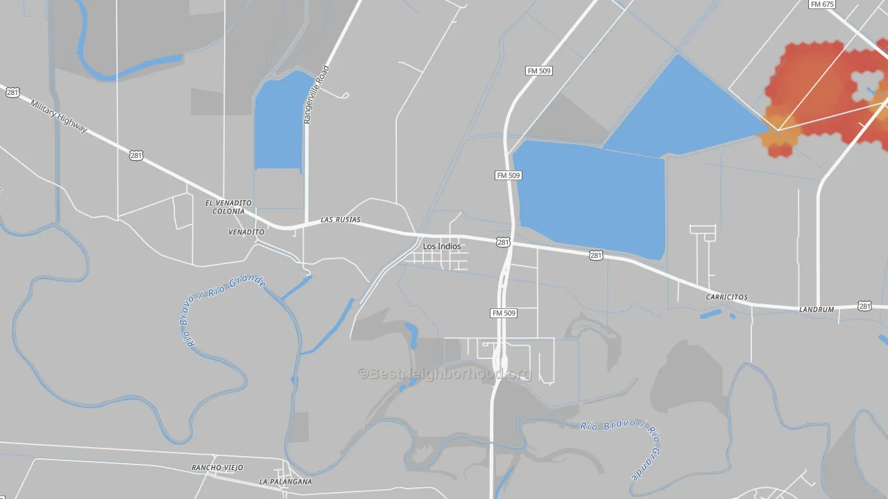 Walk Grade map of 78567, TX, walkable areas in green and car-dependent areas in red