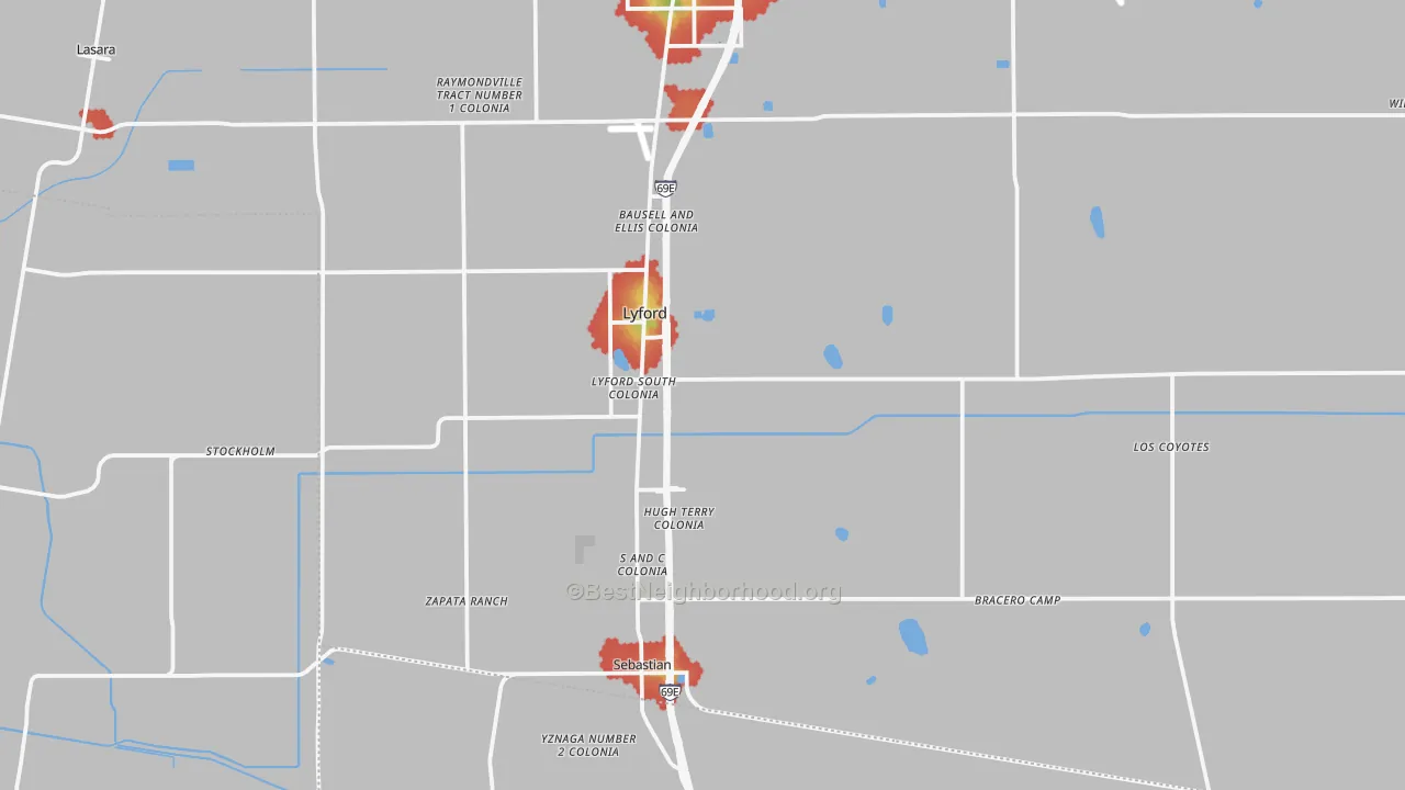 Walk Grade map of 78569, TX, walkable areas in green and car-dependent areas in red