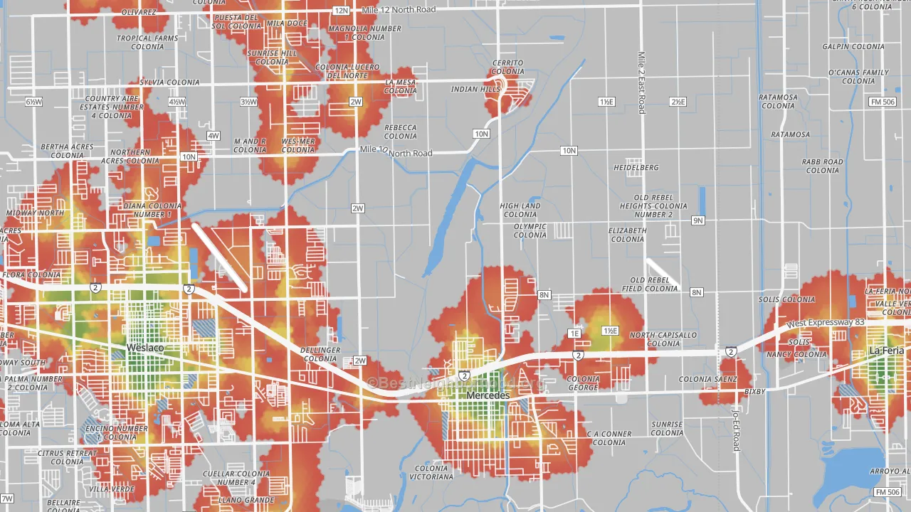 Walk Grade map of 78570, TX, walkable areas in green and car-dependent areas in red