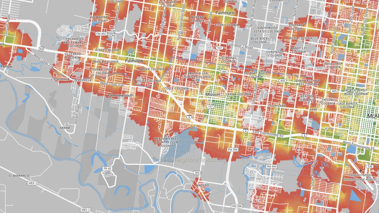 Walk Grade map of 78572, TX, walkable areas in green and car-dependent areas in red