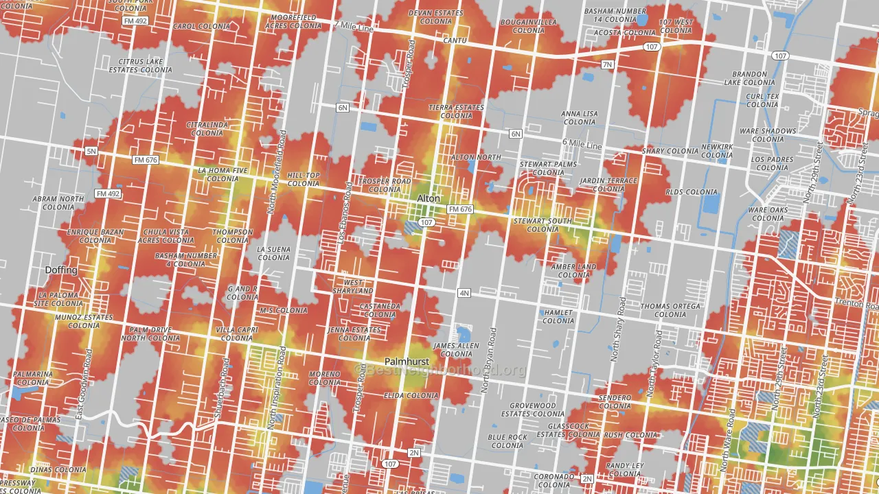 Walk Grade map of 78573, TX, walkable areas in green and car-dependent areas in red