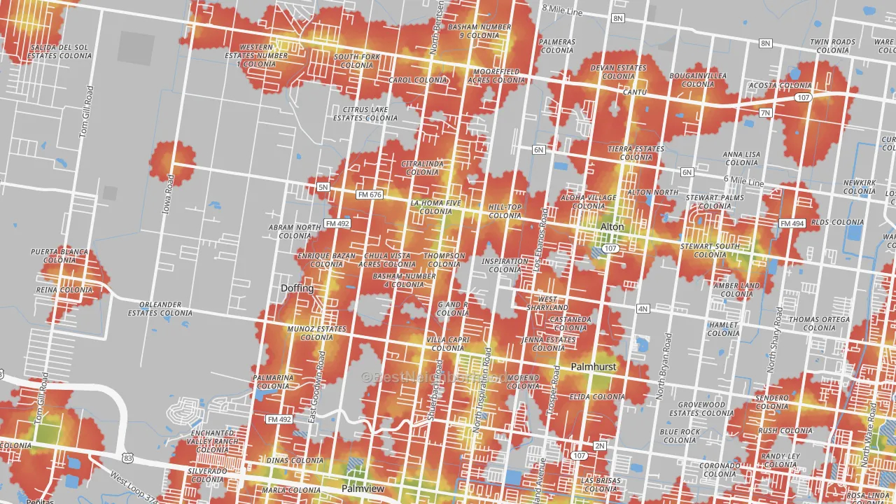 Walk Grade map of 78574, TX, walkable areas in green and car-dependent areas in red