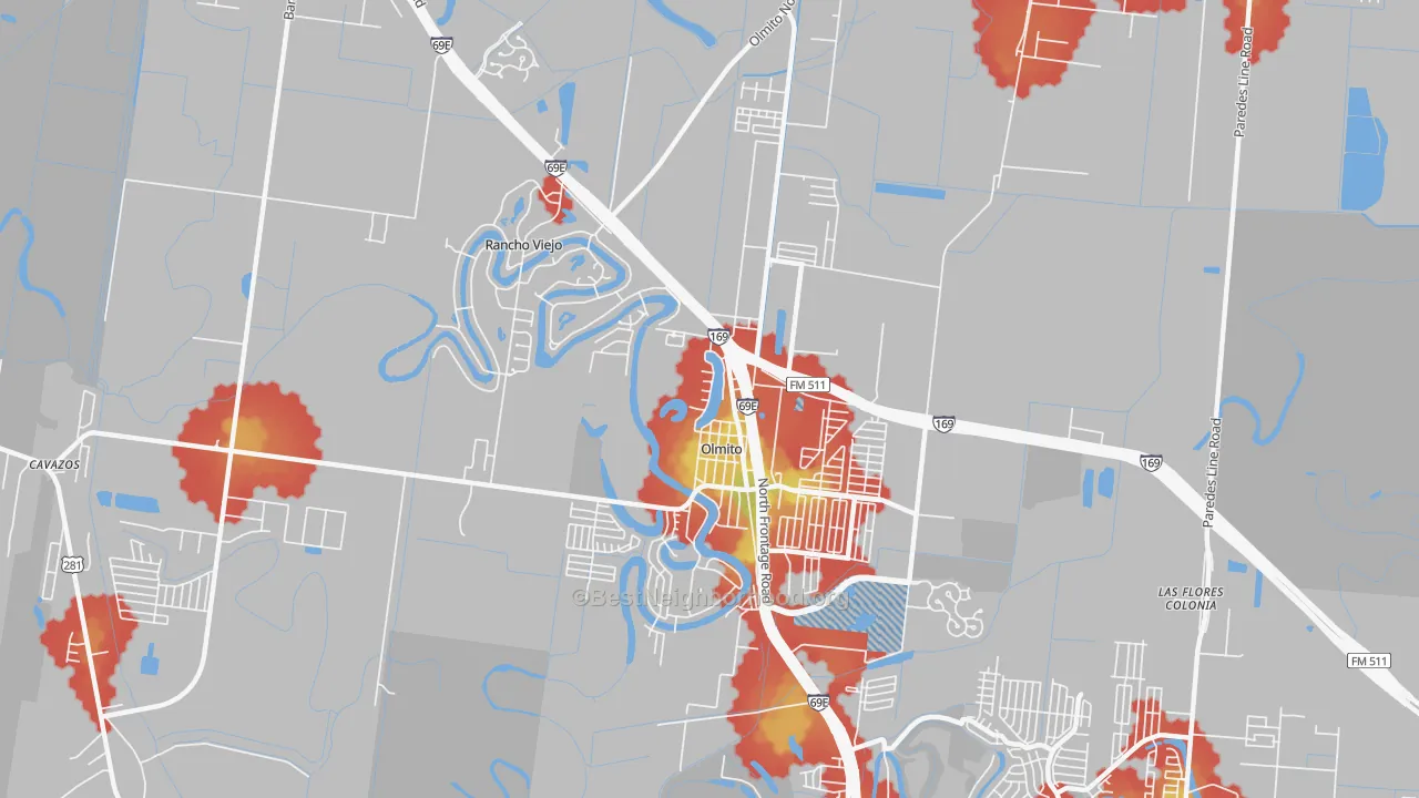 Walk Grade map of 78575, TX, walkable areas in green and car-dependent areas in red