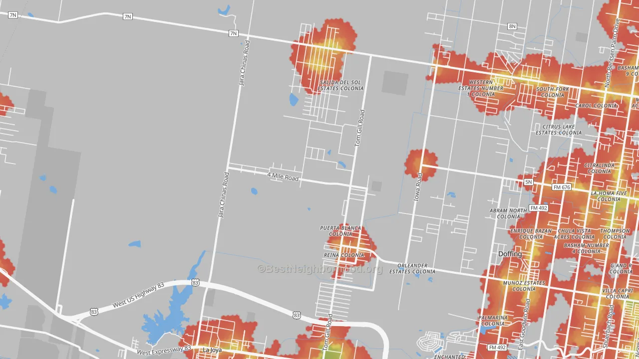 Walk Grade map of 78576, TX, walkable areas in green and car-dependent areas in red