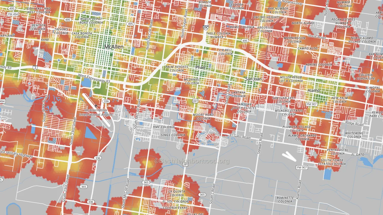 Walk Grade map of 78577, TX, walkable areas in green and car-dependent areas in red