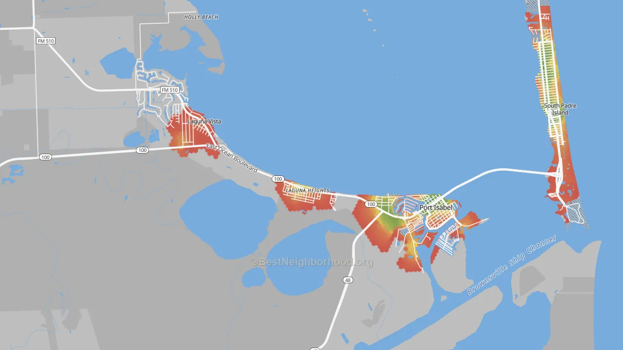 Walk Grade map of 78578, TX, walkable areas in green and car-dependent areas in red