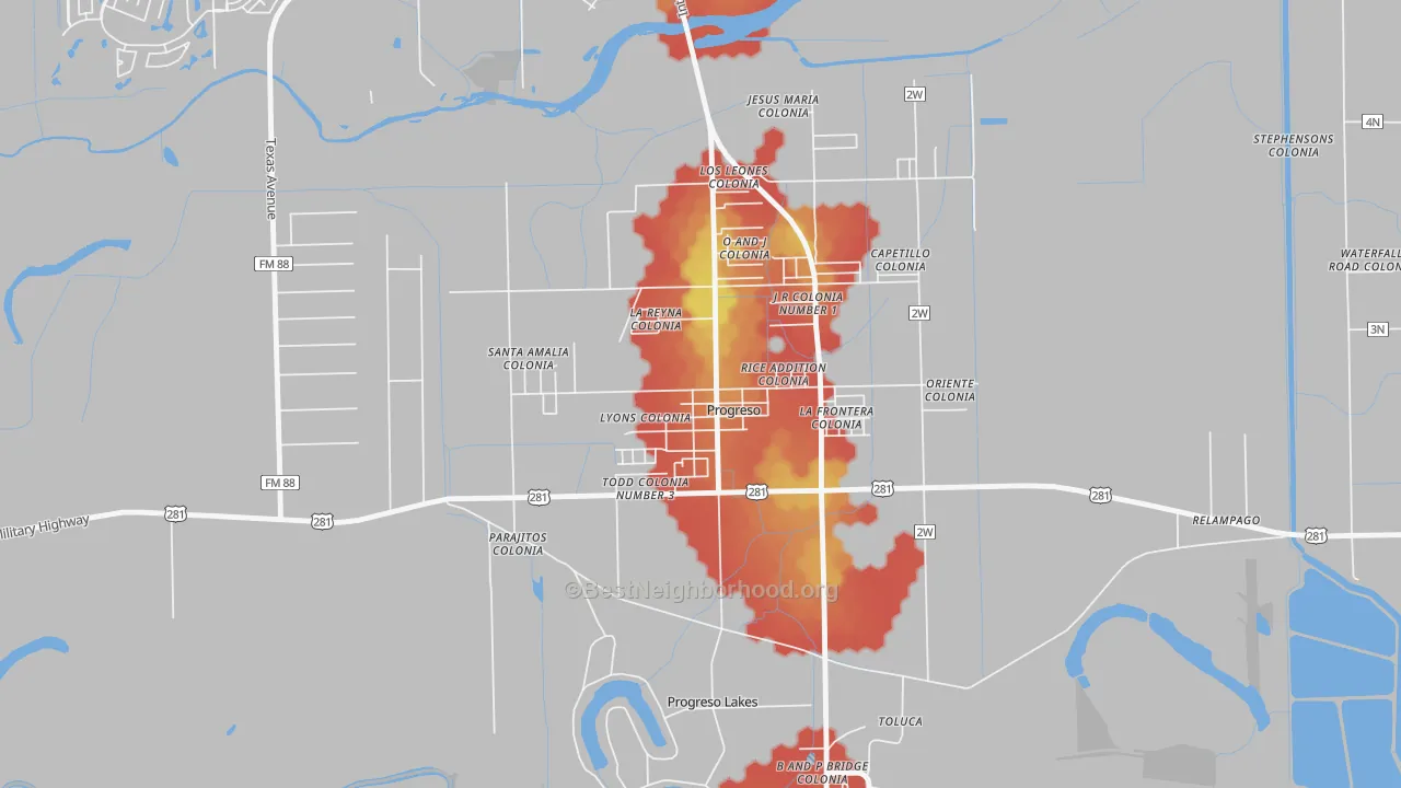 Walk Grade map of 78579, TX, walkable areas in green and car-dependent areas in red