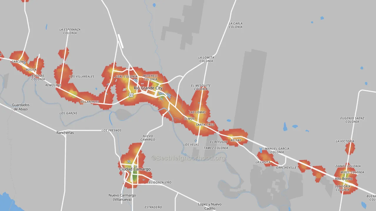 Walk Grade map of 78582, TX, walkable areas in green and car-dependent areas in red