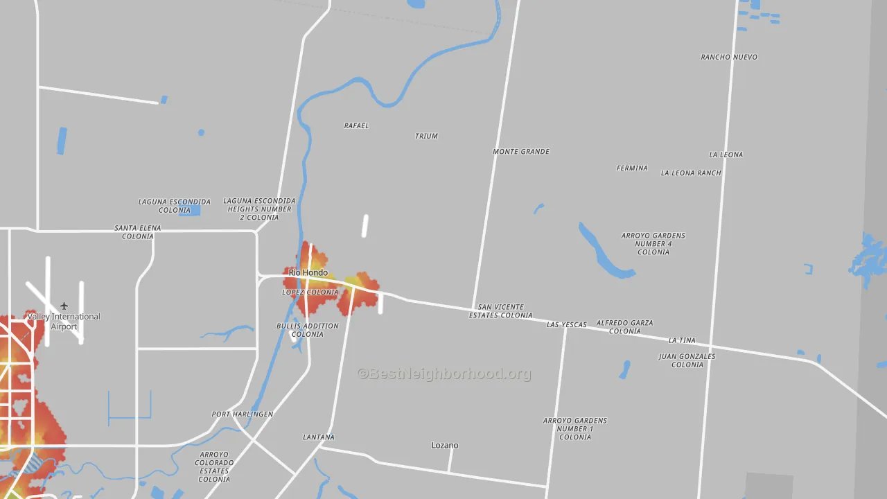 Walk Grade map of 78583, TX, walkable areas in green and car-dependent areas in red