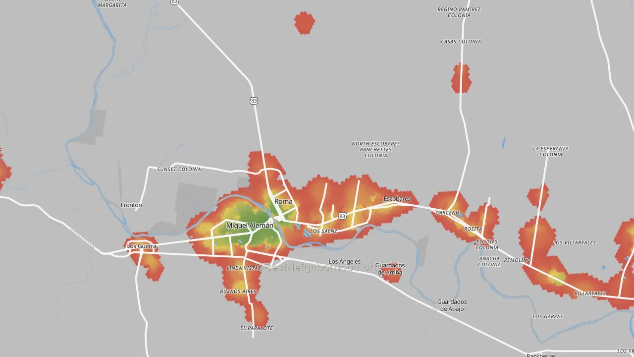 Walk Grade map of 78584, TX, walkable areas in green and car-dependent areas in red