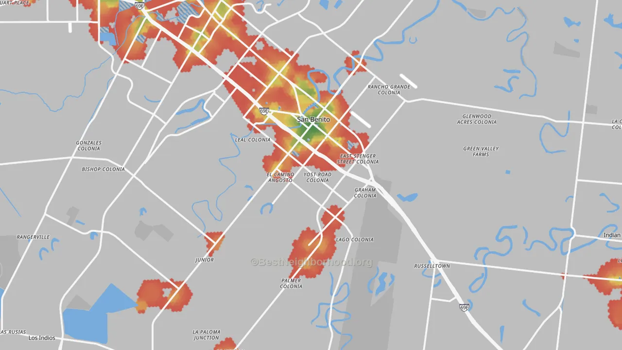 Walk Grade map of 78586, TX, walkable areas in green and car-dependent areas in red