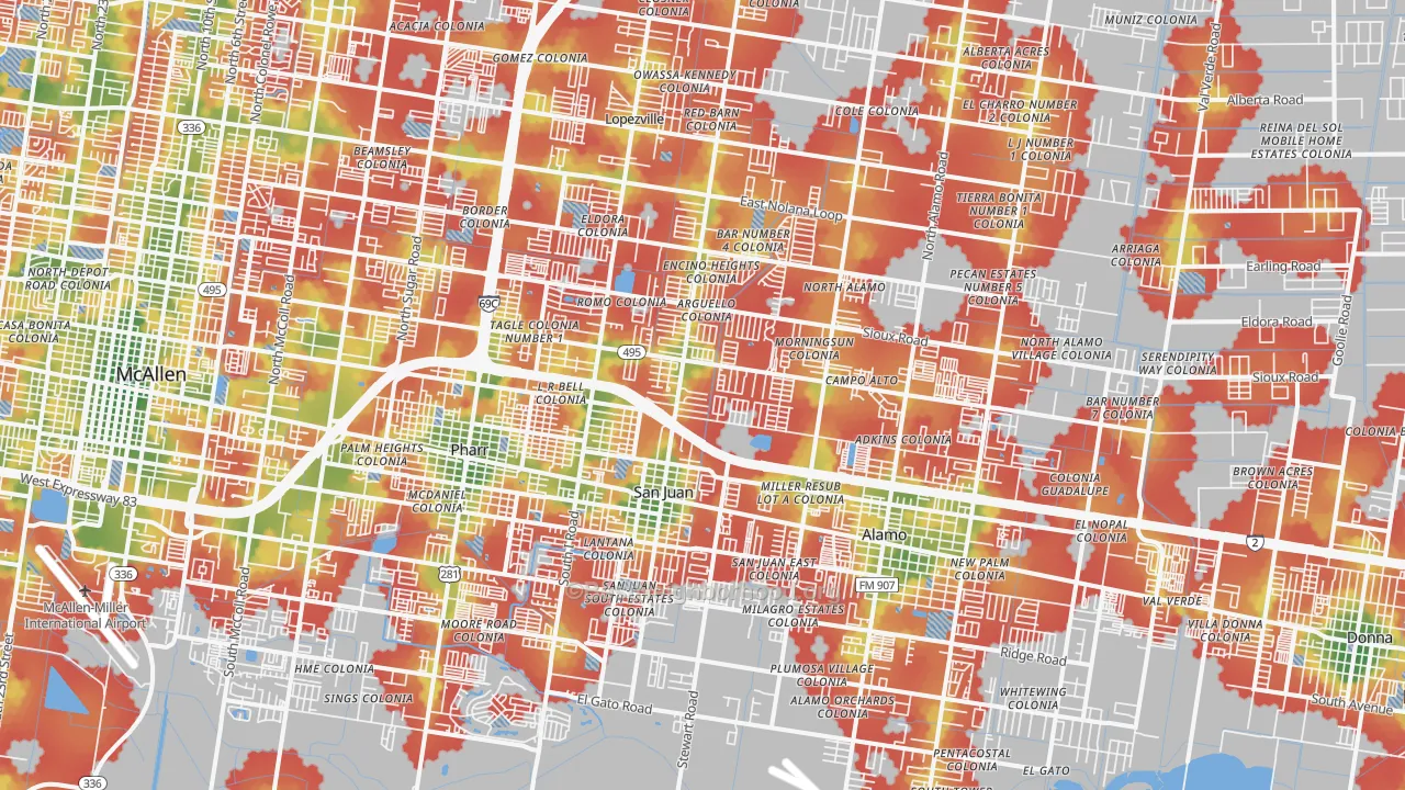 Walk Grade map of 78589, TX, walkable areas in green and car-dependent areas in red