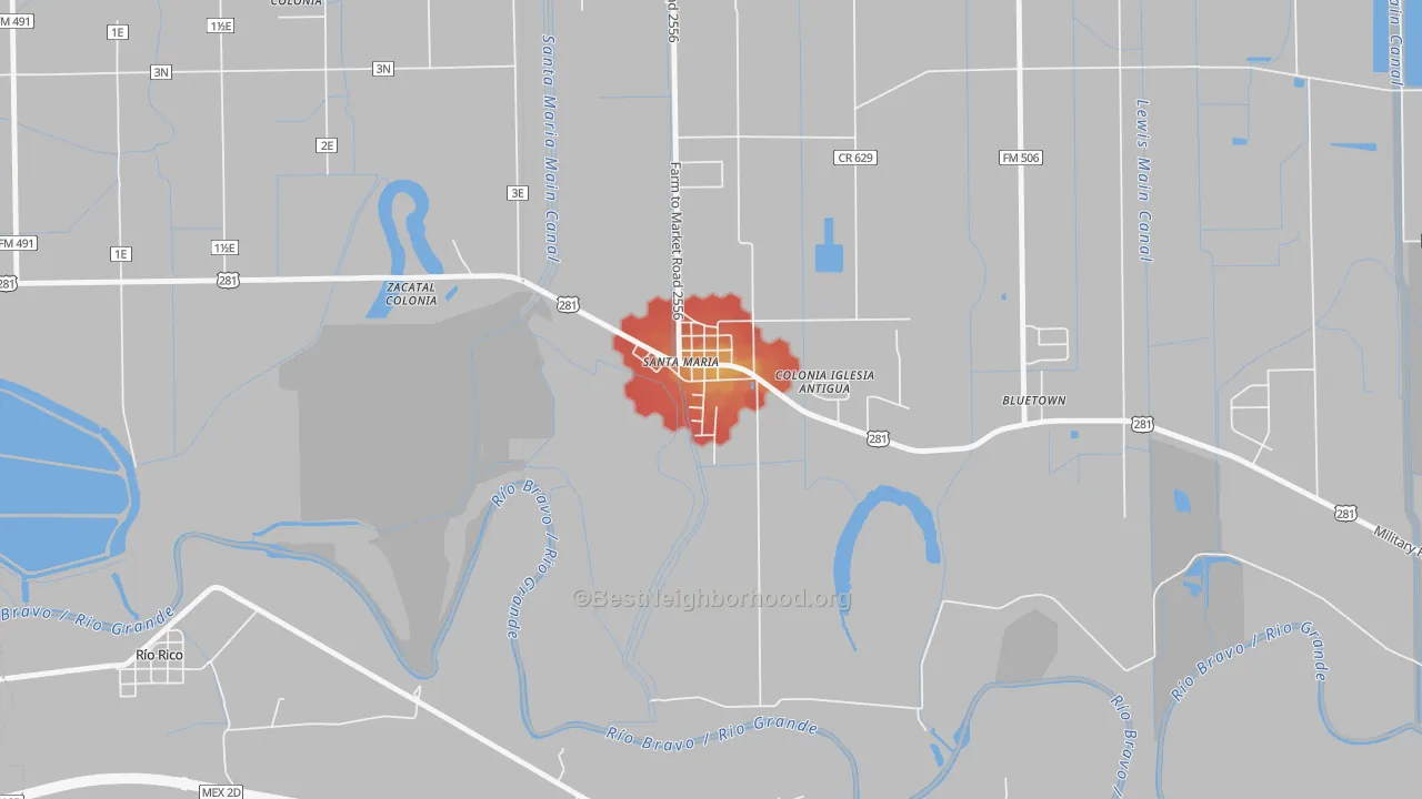 Walk Grade map of 78592, TX, walkable areas in green and car-dependent areas in red