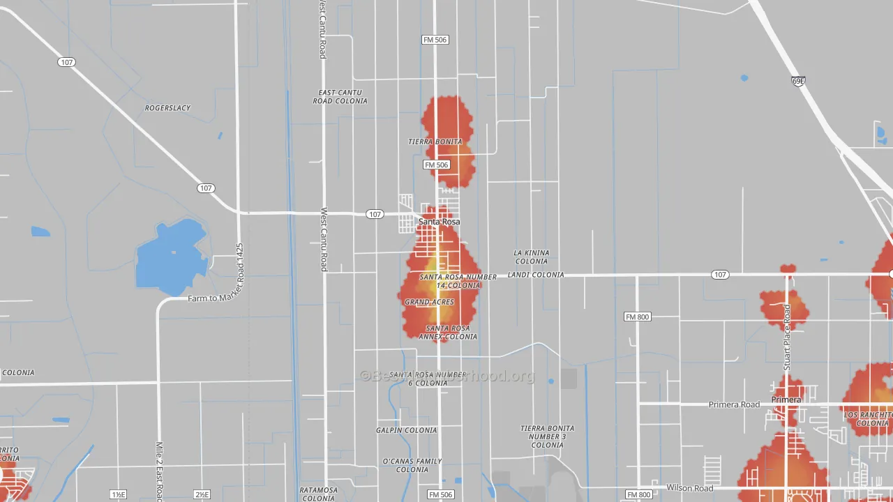 Walk Grade map of 78593, TX, walkable areas in green and car-dependent areas in red