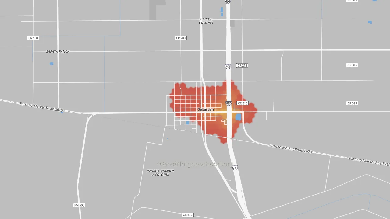 Walk Grade map of 78594, TX, walkable areas in green and car-dependent areas in red