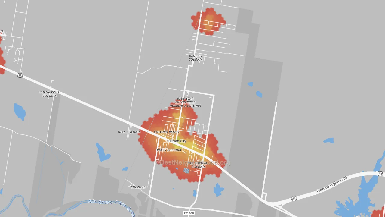 Walk Grade map of 78595, TX, walkable areas in green and car-dependent areas in red