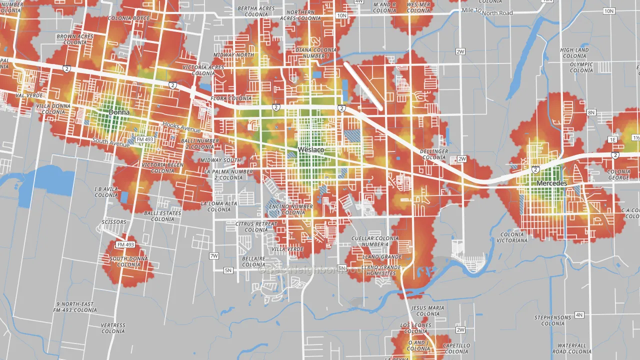 Walk Grade map of 78596, TX, walkable areas in green and car-dependent areas in red