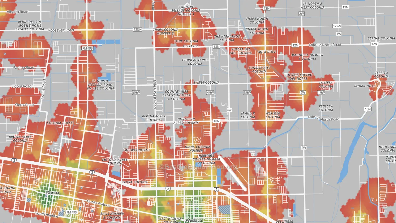 Walk Grade map of 78599, TX, walkable areas in green and car-dependent areas in red