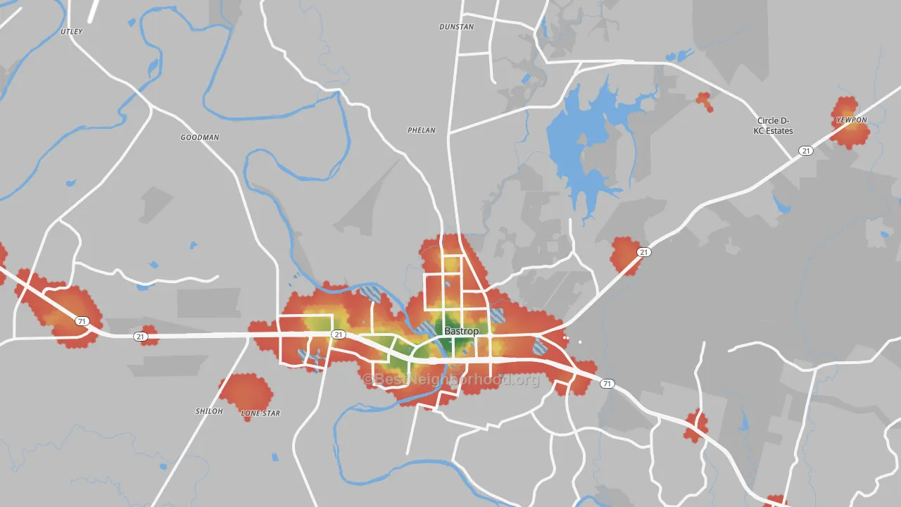 Walk Grade map of 78602, TX, walkable areas in green and car-dependent areas in red