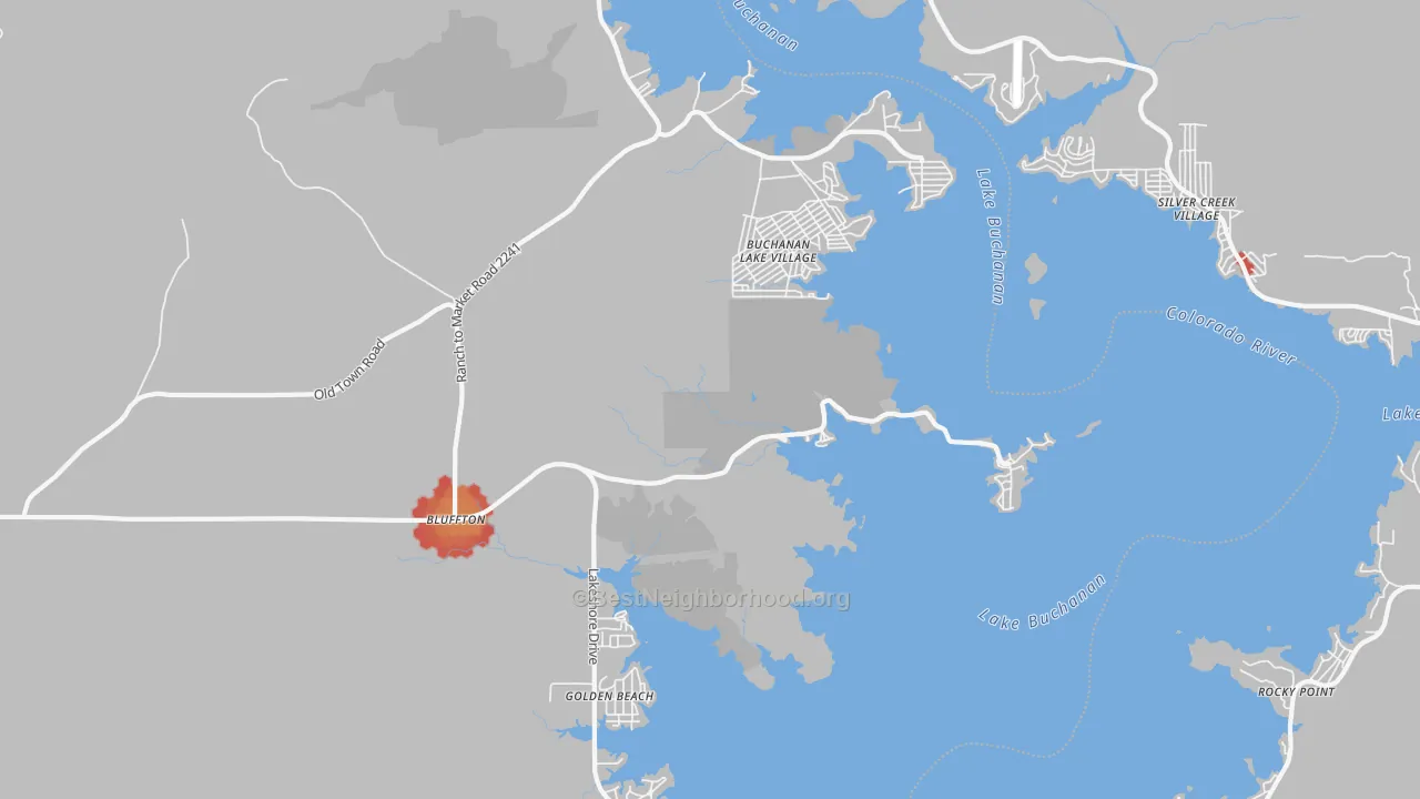 Walk Grade map of 78607, TX, walkable areas in green and car-dependent areas in red