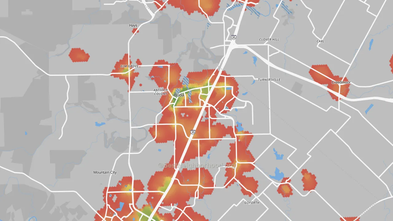 Walk Grade map of 78610, TX, walkable areas in green and car-dependent areas in red