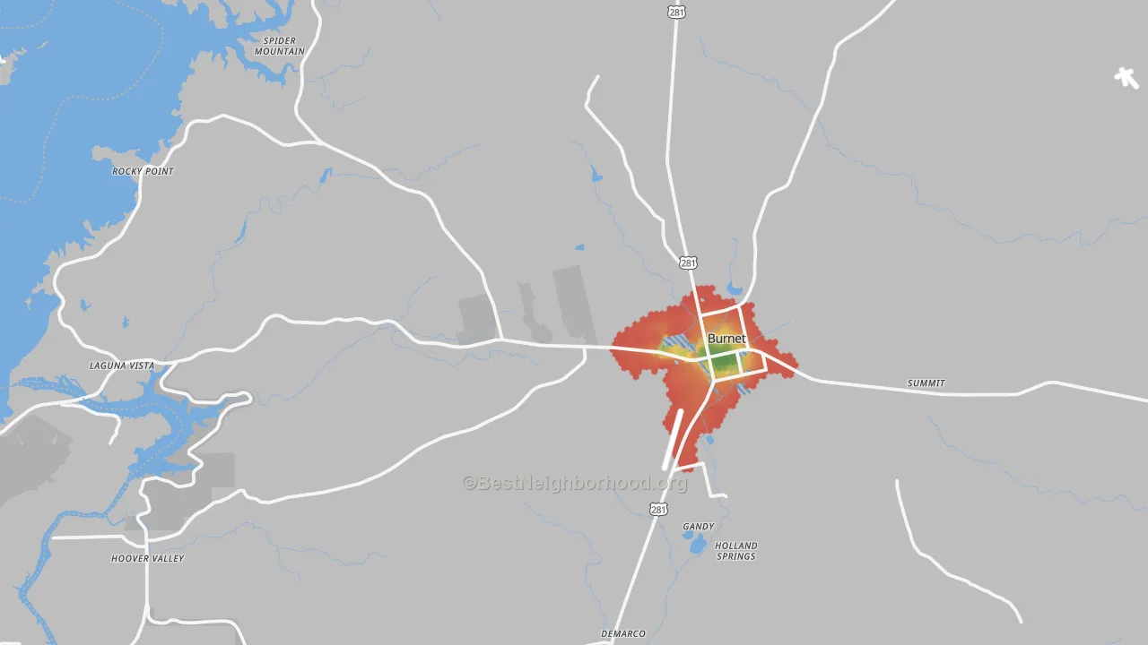 Walk Grade map of 78611, TX, walkable areas in green and car-dependent areas in red