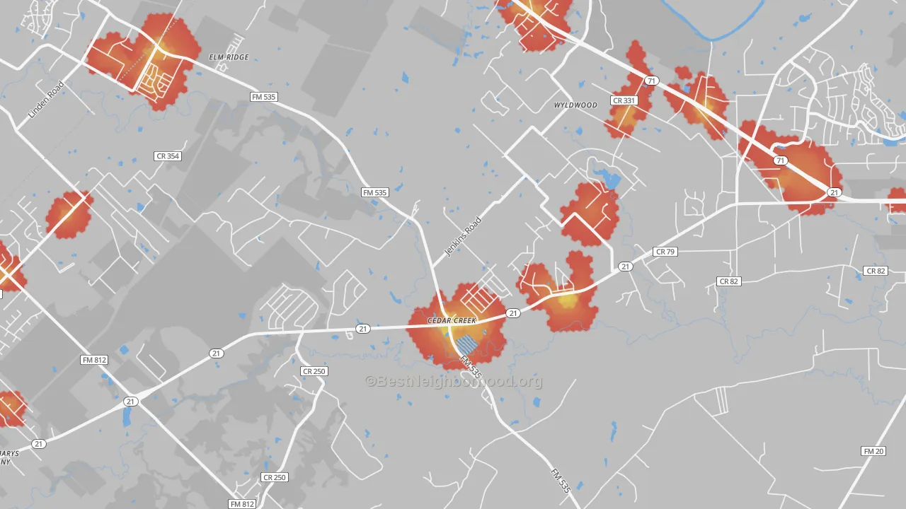 Walk Grade map of 78612, TX, walkable areas in green and car-dependent areas in red