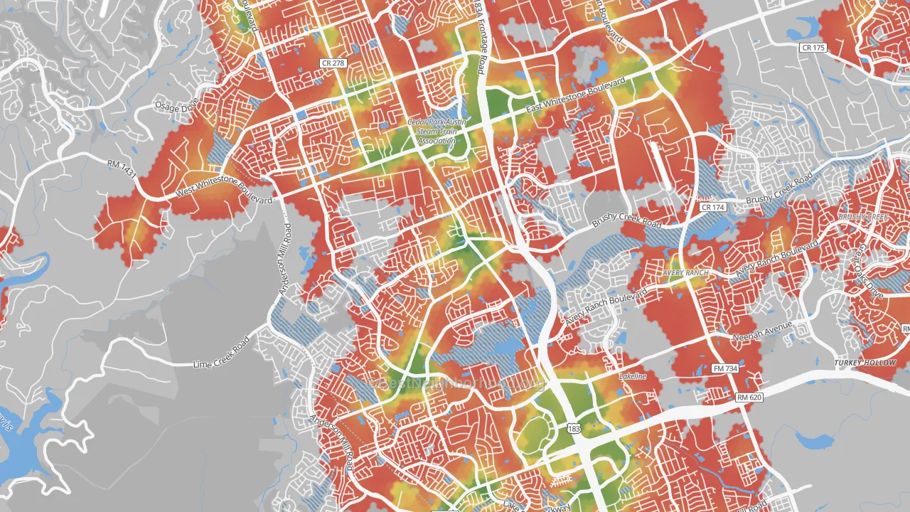 Walk Grade map of 78613, TX, walkable areas in green and car-dependent areas in red