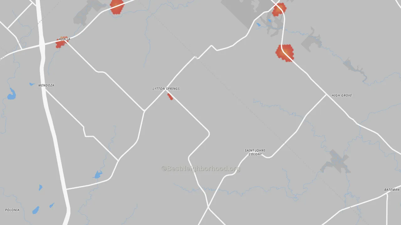 Walk Grade map of 78616, TX, walkable areas in green and car-dependent areas in red