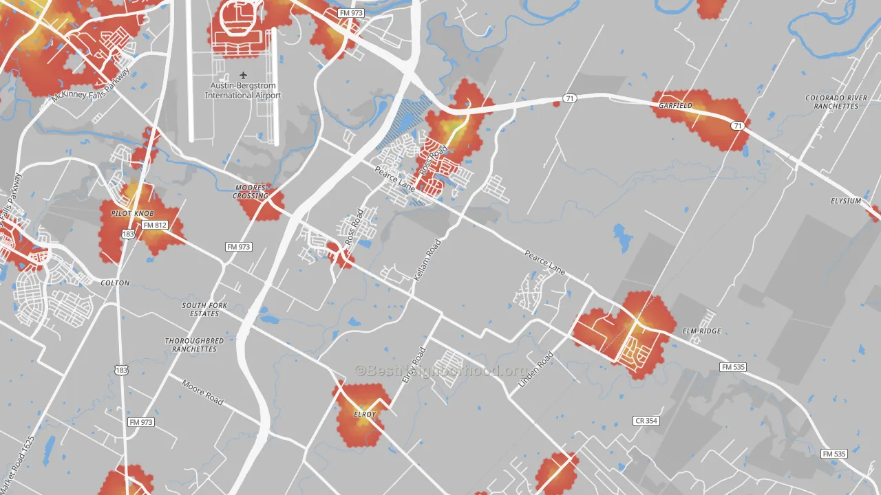 Walk Grade map of 78617, TX, walkable areas in green and car-dependent areas in red