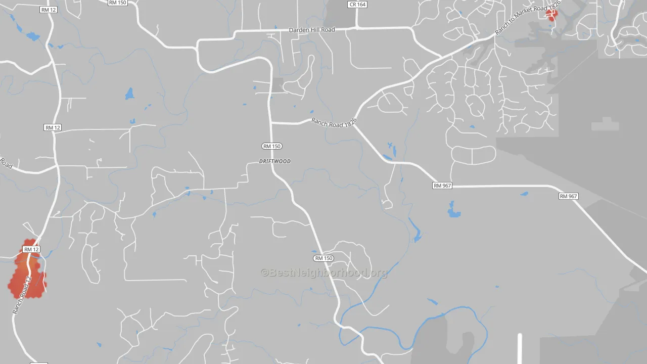 Walk Grade map of 78619, TX, walkable areas in green and car-dependent areas in red