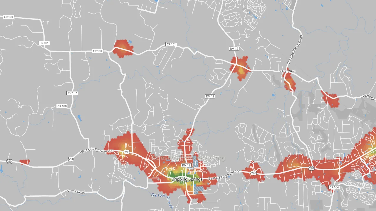 Walk Grade map of 78620, TX, walkable areas in green and car-dependent areas in red