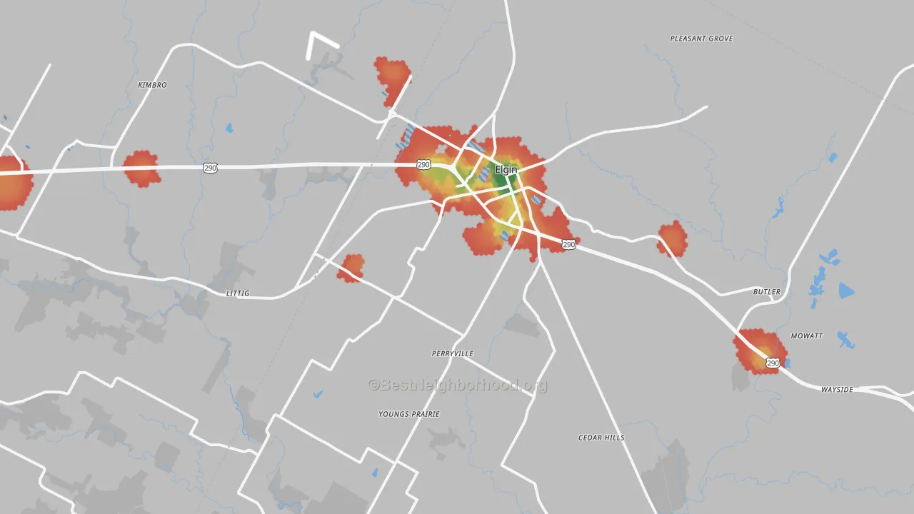 Walk Grade map of 78621, TX, walkable areas in green and car-dependent areas in red