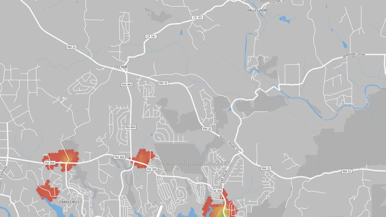 Walk Grade map of 78623, TX, walkable areas in green and car-dependent areas in red