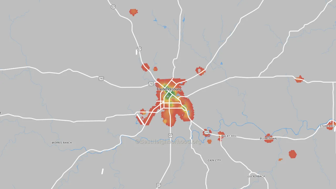 Walk Grade map of 78624, TX, walkable areas in green and car-dependent areas in red