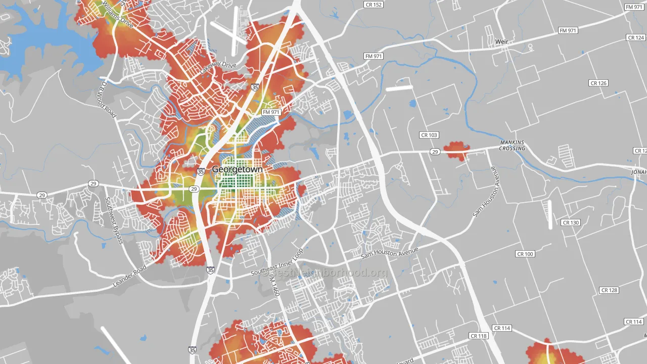 Walk Grade map of 78626, TX, walkable areas in green and car-dependent areas in red