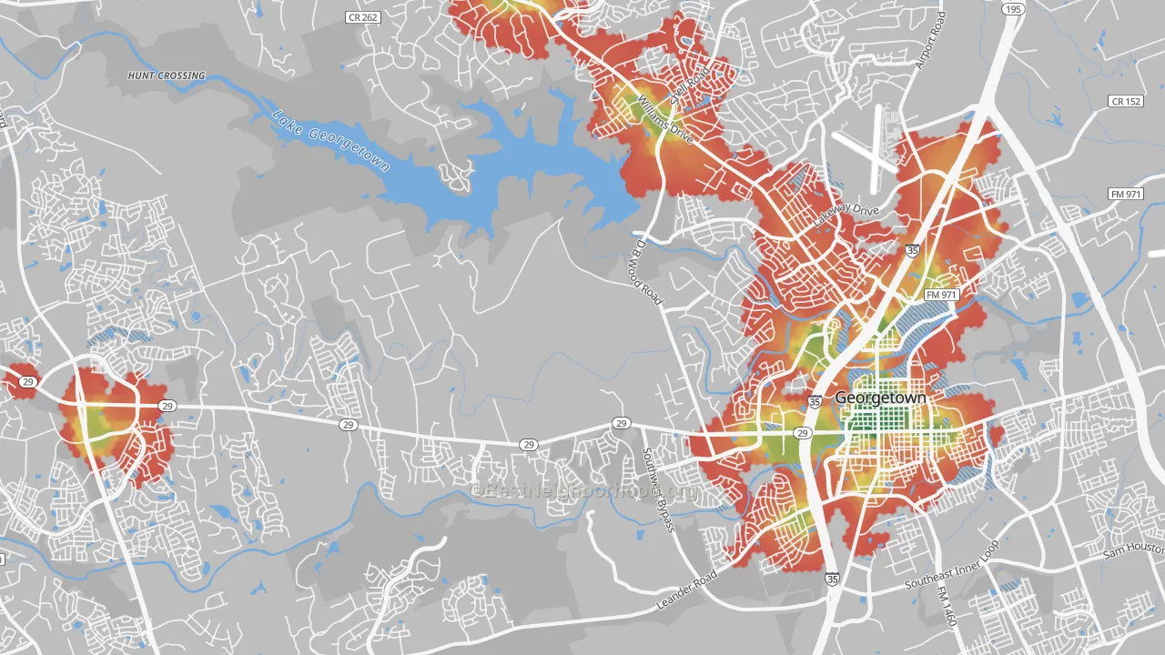 Walk Grade map of 78628, TX, walkable areas in green and car-dependent areas in red