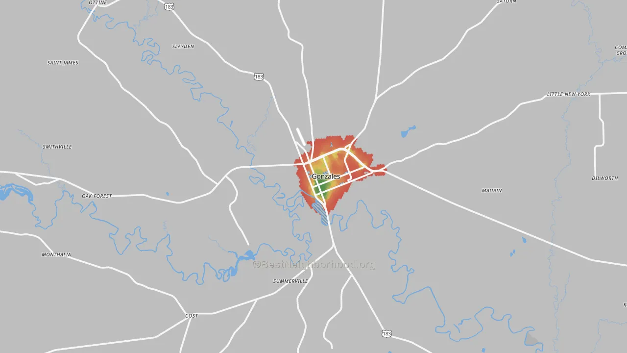 Walk Grade map of 78629, TX, walkable areas in green and car-dependent areas in red