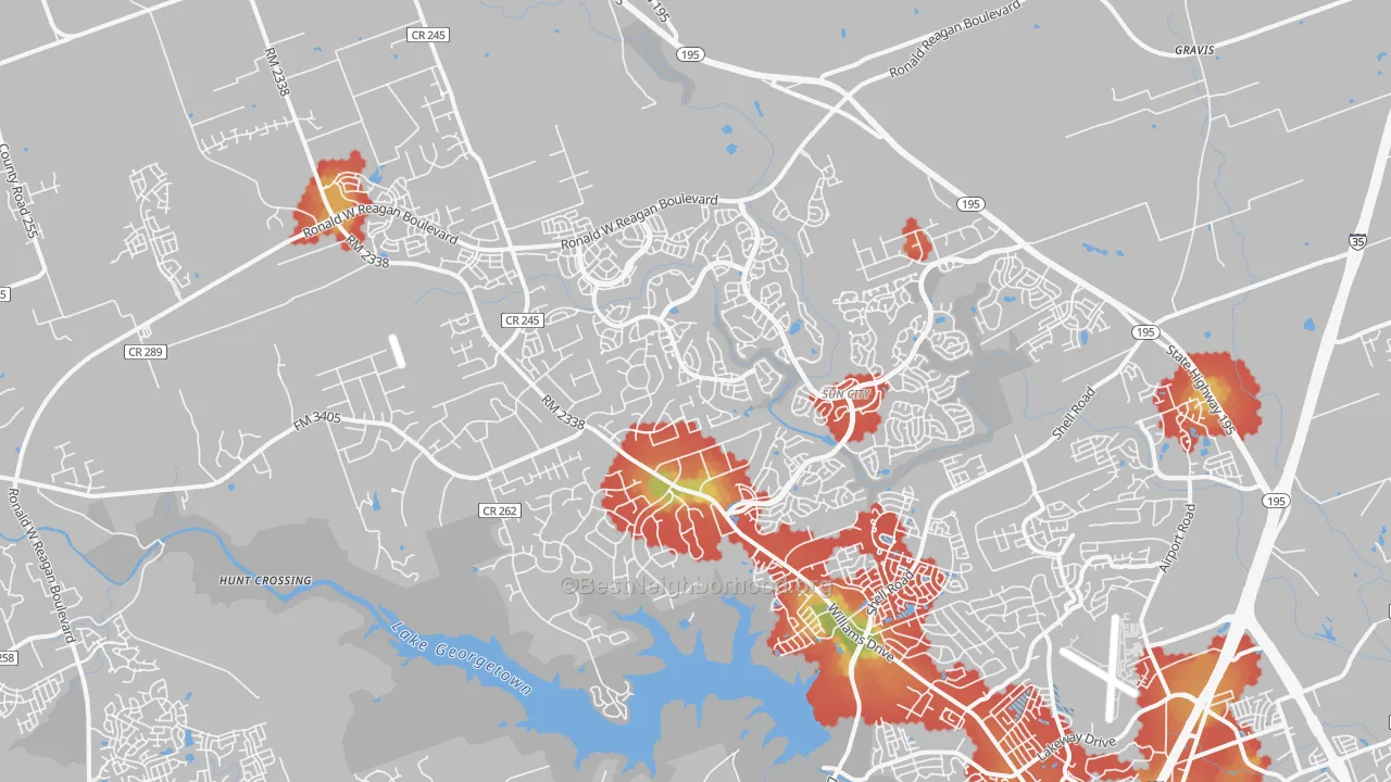 Walk Grade map of 78633, TX, walkable areas in green and car-dependent areas in red