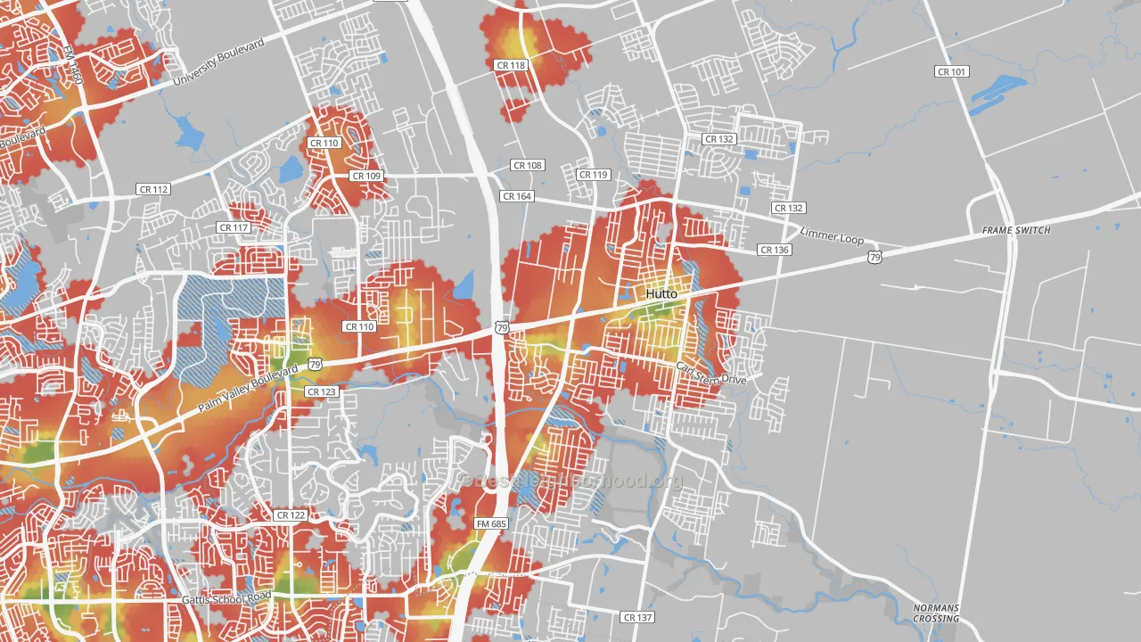 Walk Grade map of 78634, TX, walkable areas in green and car-dependent areas in red