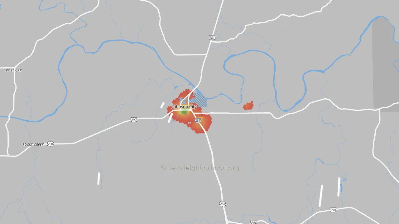 Walk Grade map of 78636, TX, walkable areas in green and car-dependent areas in red